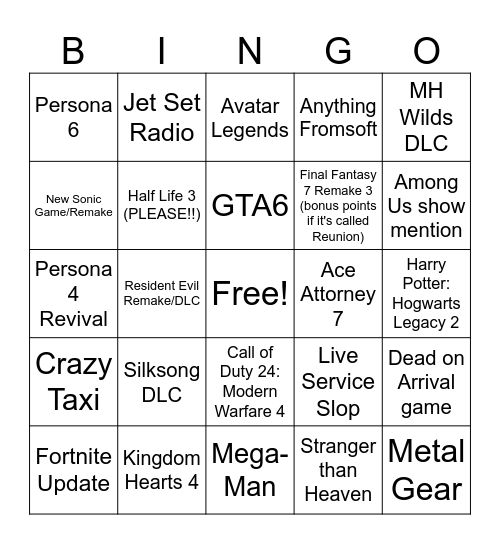 Summer Games Fest Bingo Card