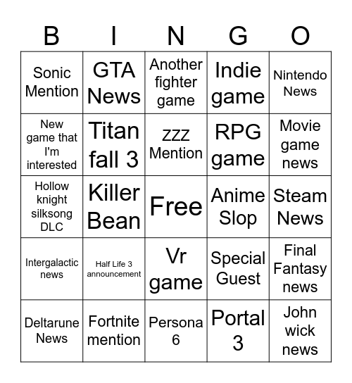 Summer game fest  Bingo Card