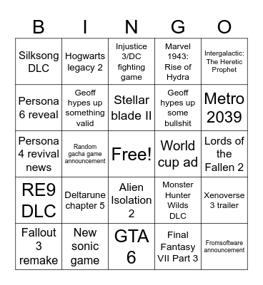 summer game fest 2026 Bingo Card