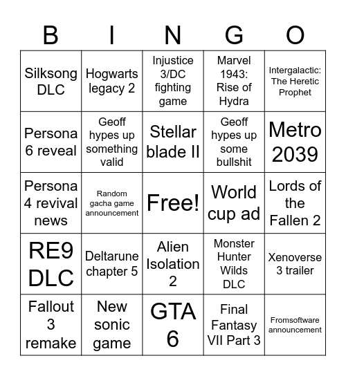 summer game fest 2026 Bingo Card
