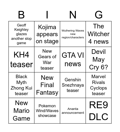 Summer Game Fest Bingo Card