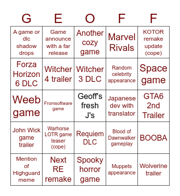 Summer Games Fest Bingo Card