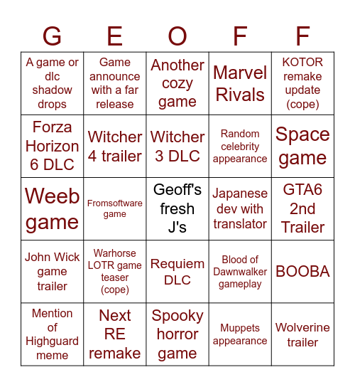 Summer Games Fest Bingo Card