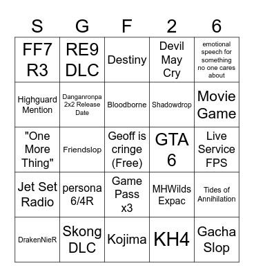 Summer Game Fest 2026 Bingo Card