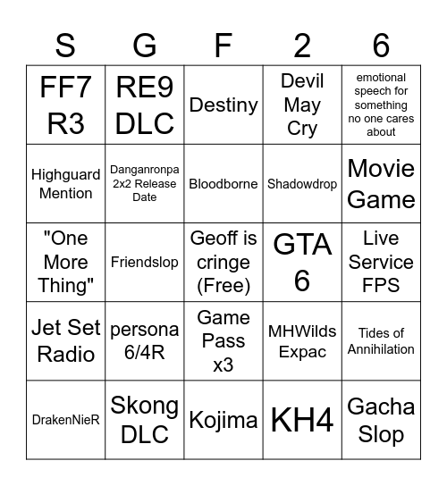 Summer Game Fest 2026 Bingo Card