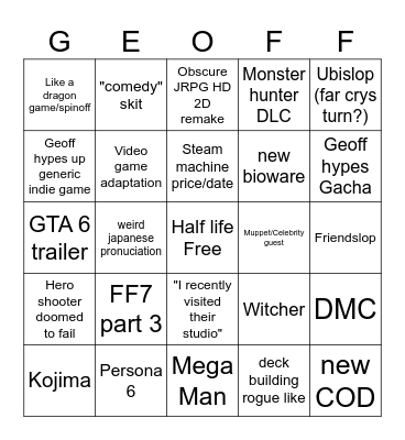 Geoff Fest Bingo Card