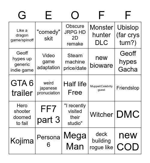 Geoff Fest Bingo Card