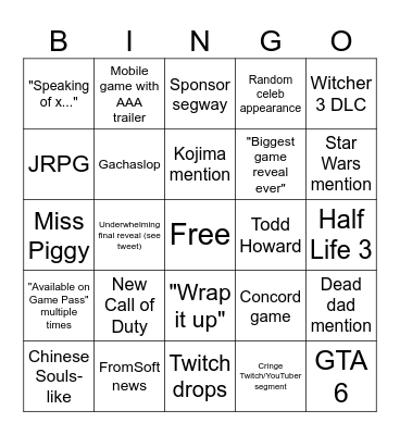 Summer Game Fest 2026 Bingo Card