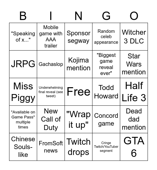Summer Game Fest 2026 Bingo Card