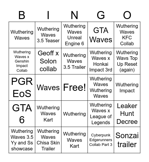 Summer Game Fest Bingo Card