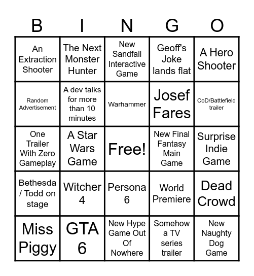 Summer Game Fest Bingo Card