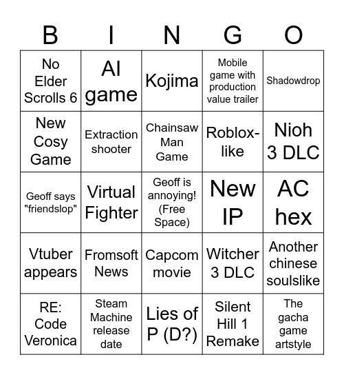 Summer Games Fest 2026 Bingo Card