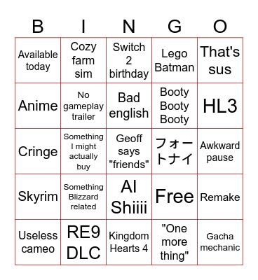 Summer Game Fest 2026 Bingo Card