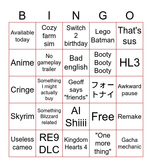 Summer Game Fest 2026 Bingo Card