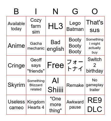 Summer Game Fest 2026 Bingo Card