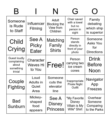 Disney Cruise 2026 Bingo Card