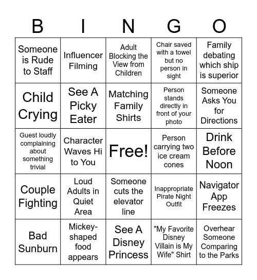 Disney Cruise 2026 Bingo Card