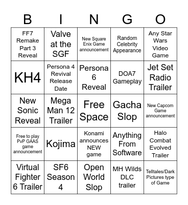 SGF/Xbox Showcase Bingo Card