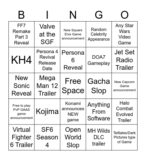 SGF/Xbox Showcase Bingo Card