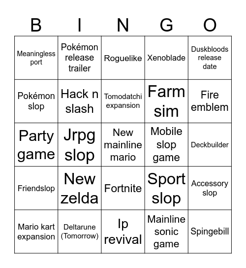 Nintendo Direct Bingo Card