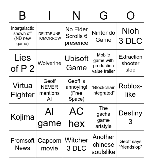 Summer Games Fest 2026 Bingo Card