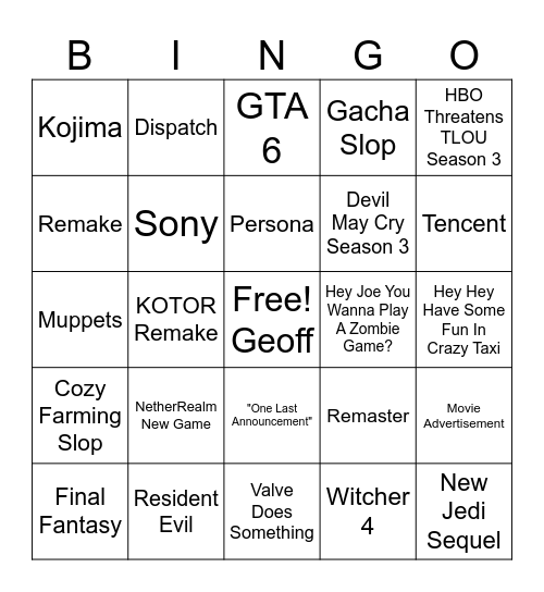 Summer Slop Fest Bingo Card Bingo Card