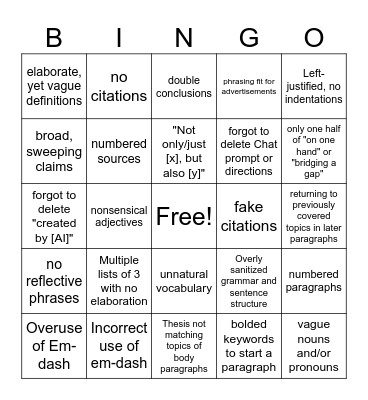 AI Writing Bingo Card