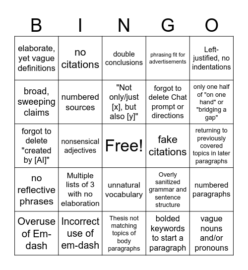 AI Writing Bingo Card