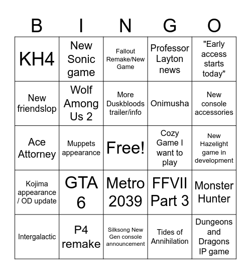 Summer Games Fest 2026 Bingo Card