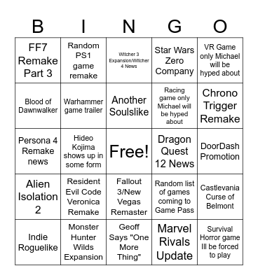 Summer Game Fest 2026 Bingo Card