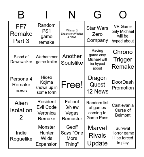 Summer Game Fest 2026 Bingo Card
