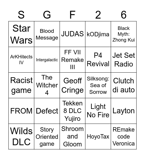 SGF 2026 Bingo Card