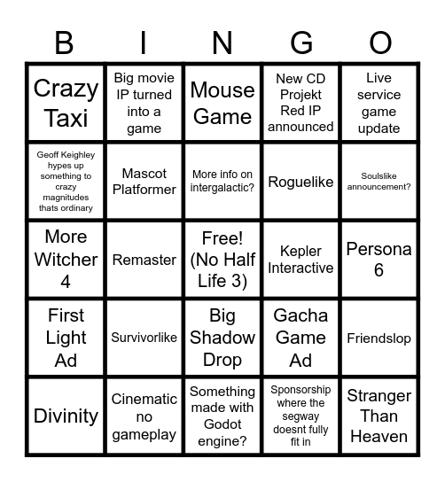 Summer Games Fest Bingo Card