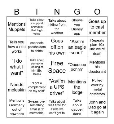 Disney Dad Bingo Card