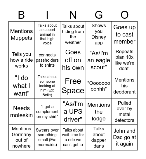 Disney Dad Bingo Card