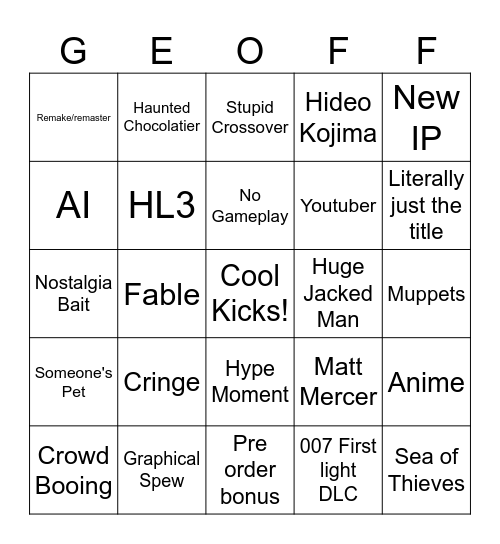 Summer Game Fest 2026 Bingo Card