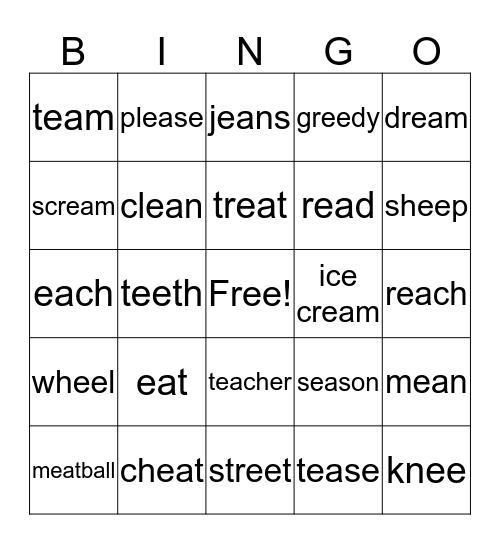 Spelling  ea  ee Bingo Card