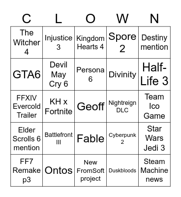 TJ's Clown Wishlist Bingo Card