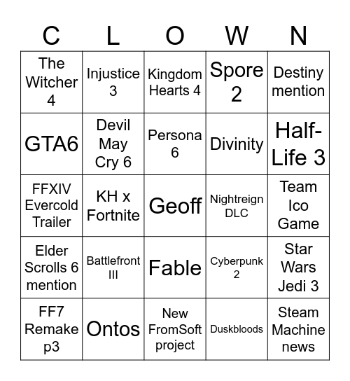 TJ's Clown Wishlist Bingo Card