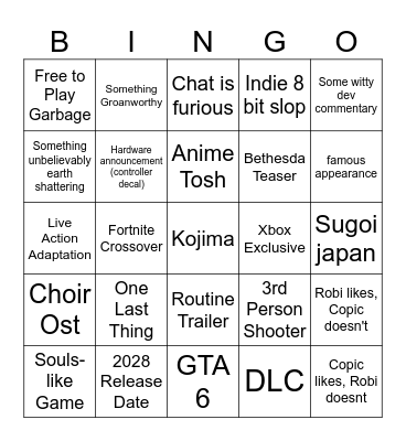 Summer Game Fest Bingo Card