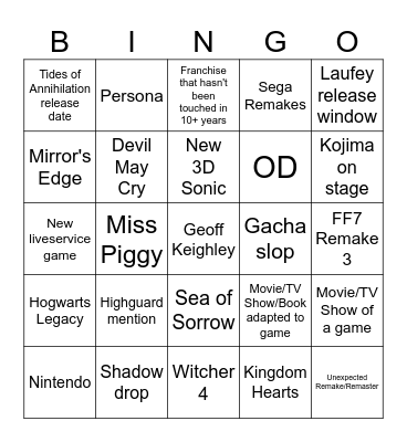 Summer Game Fest Bingo Card