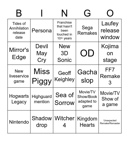 Summer Game Fest Bingo Card