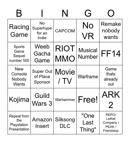 Summer Games Fest Bingo Card