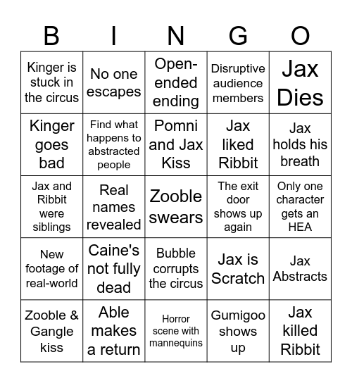 TADC Finale Bingo Card