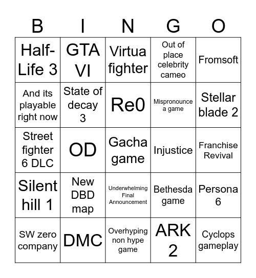 Summer games fest Bingo Card