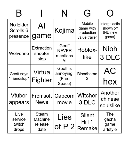 Summer Games Fest 2026 Bingo Card
