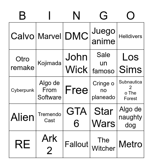 Summer game fest Bingo Card