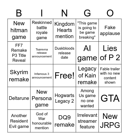 Summer Games Fest 2026 Bingo Card
