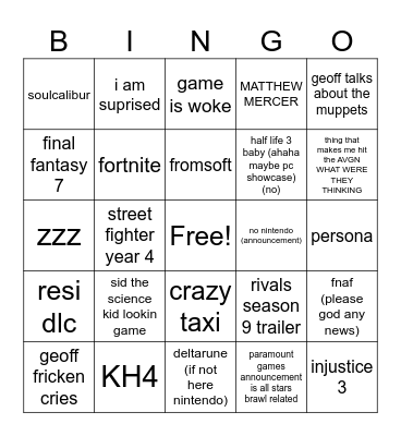 the geoffening Bingo Card