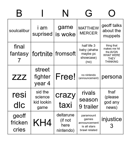 the geoffening Bingo Card